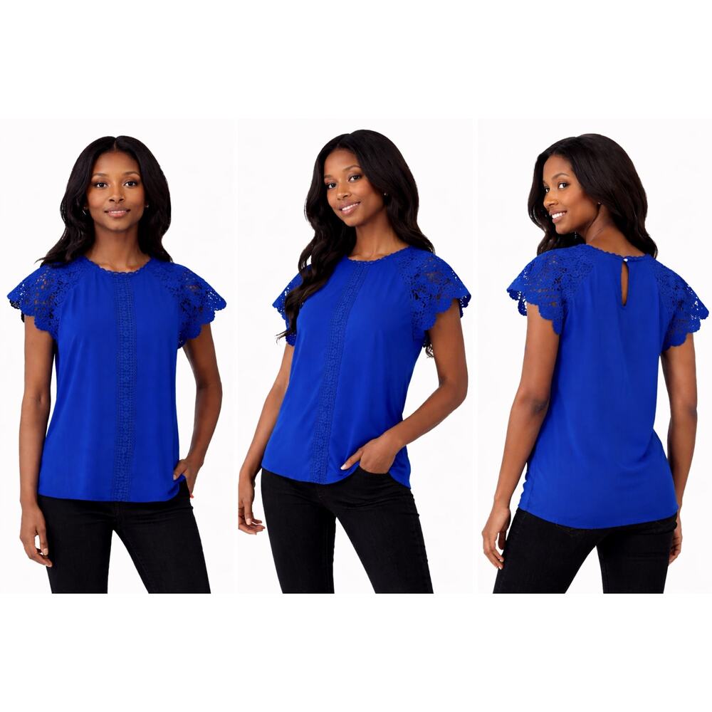 Cable & Gauge Lace Flutter Sleeve Blouse Women S Blue NWT - Picture 4 of 4